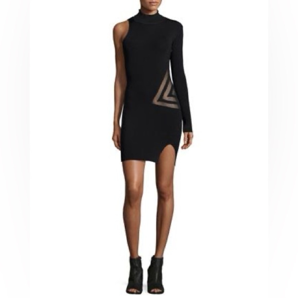 Self-Portrait Black One-Shoulder Knit Mini Dress | Sheer Intarsia Mock Neck | S